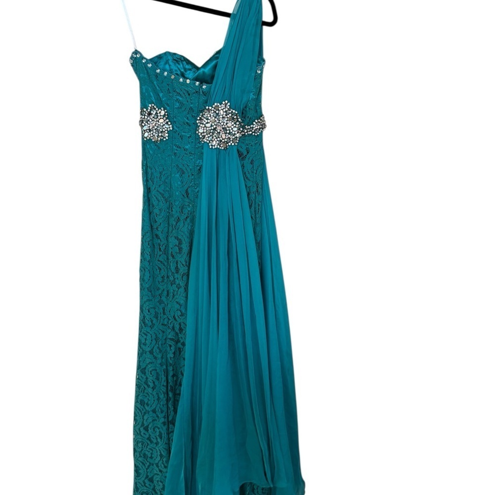 Elegant Teal Lace Evening Gown - Picture 3 of 13